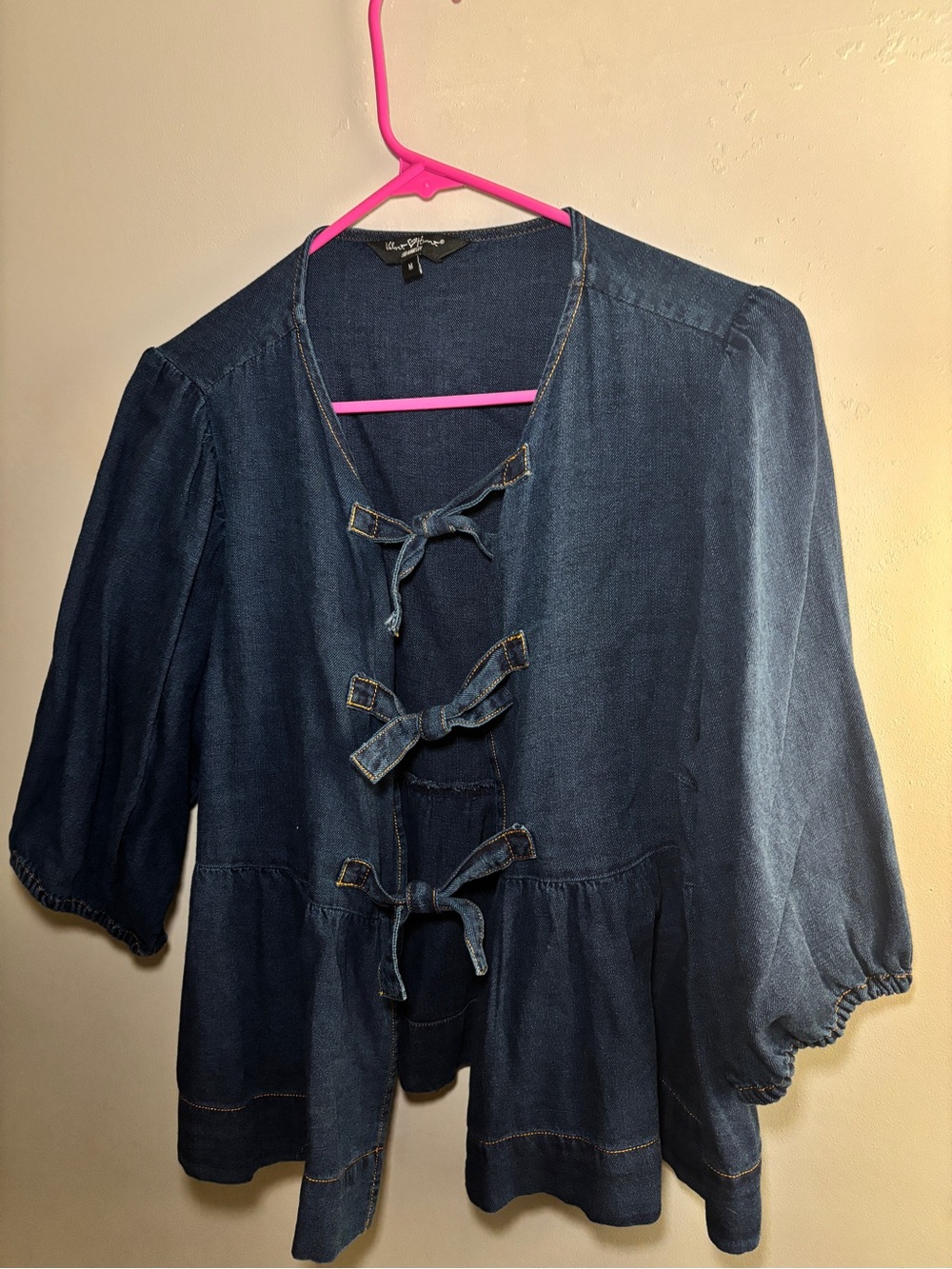 Tie-Front Denim Peplum Blouse - Blue